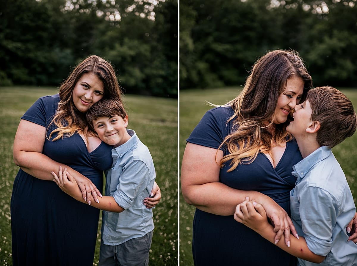 mom with youngest son snuggling for family photos