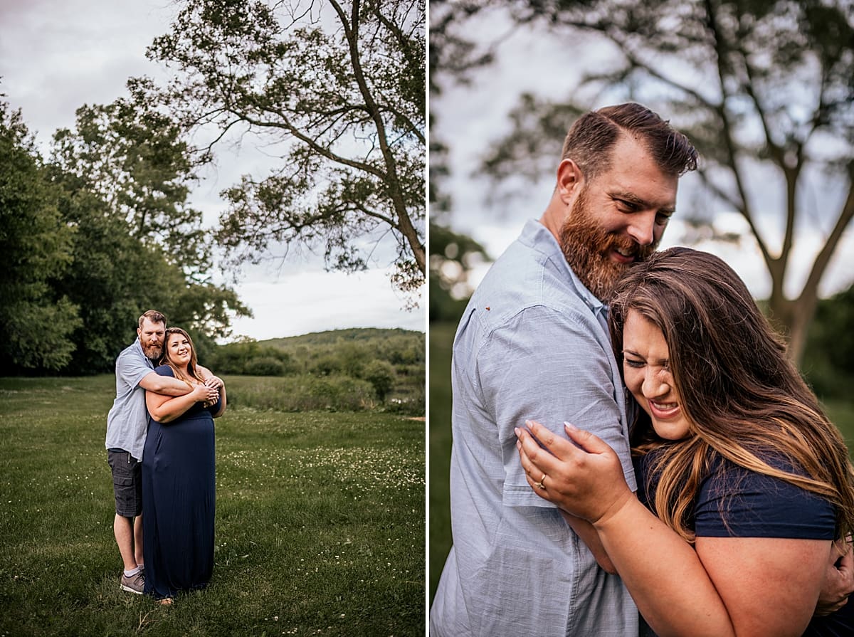 mom and dad hugging together during family session in elkhorn wisconsin