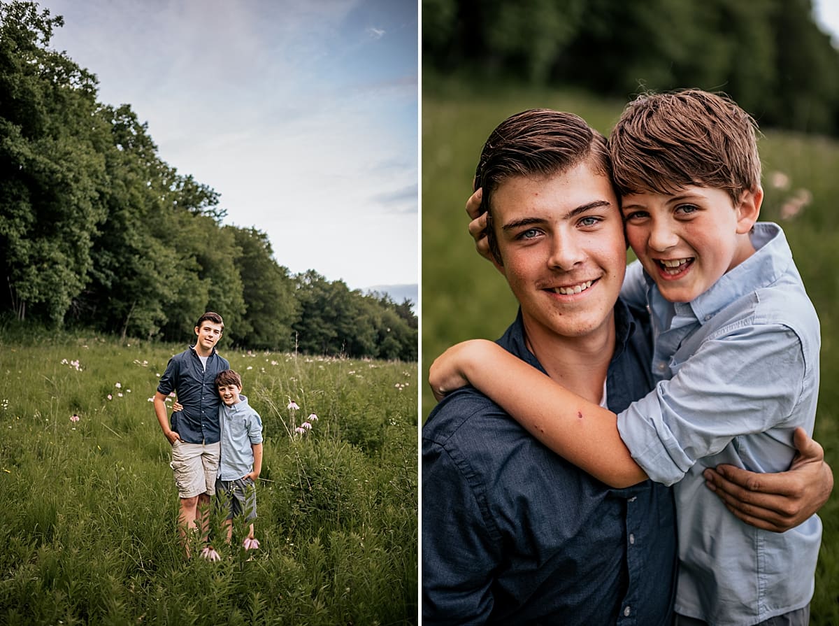 elkhorn childrens photographer two brothers together in a field