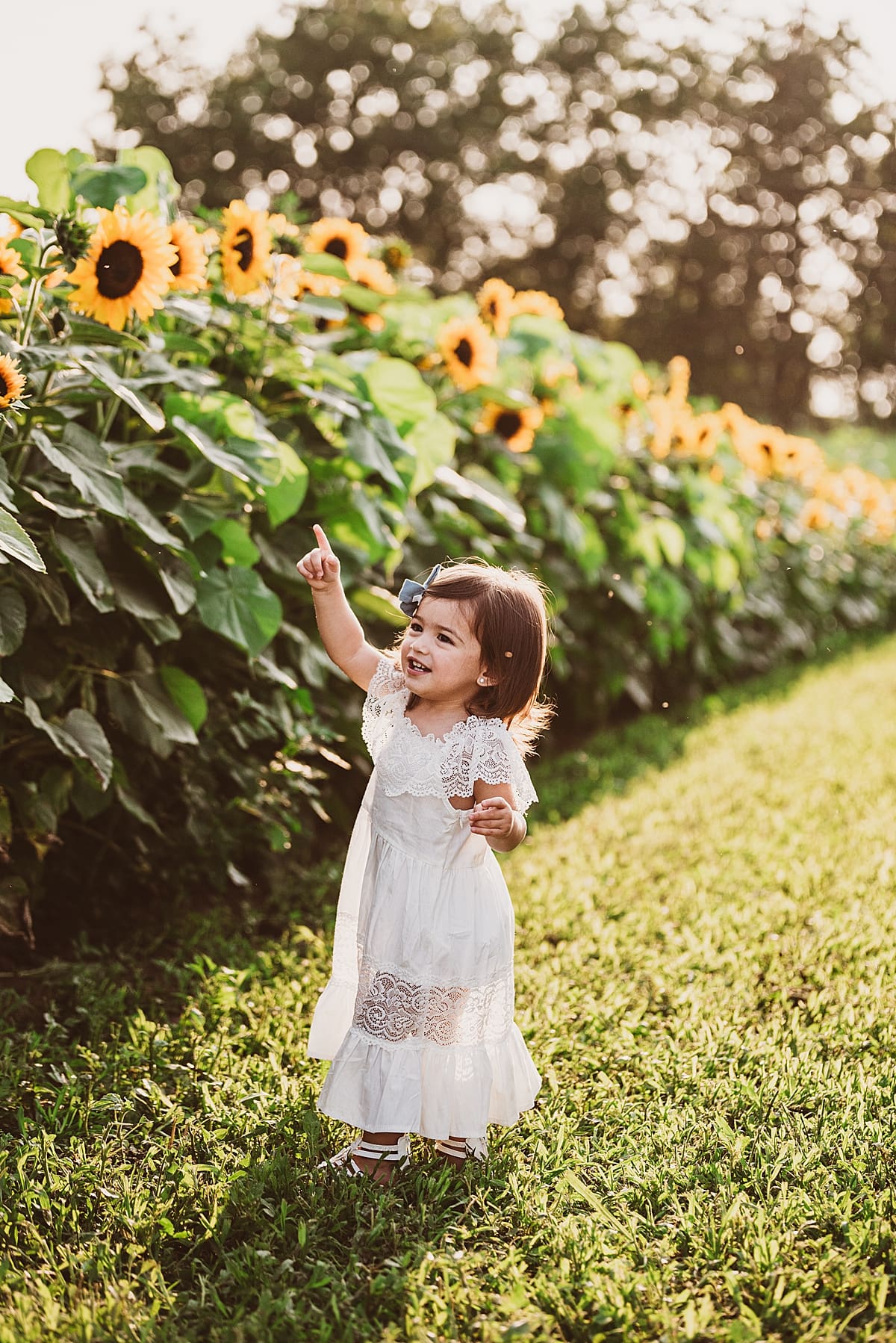 toddler running through a sunflower field