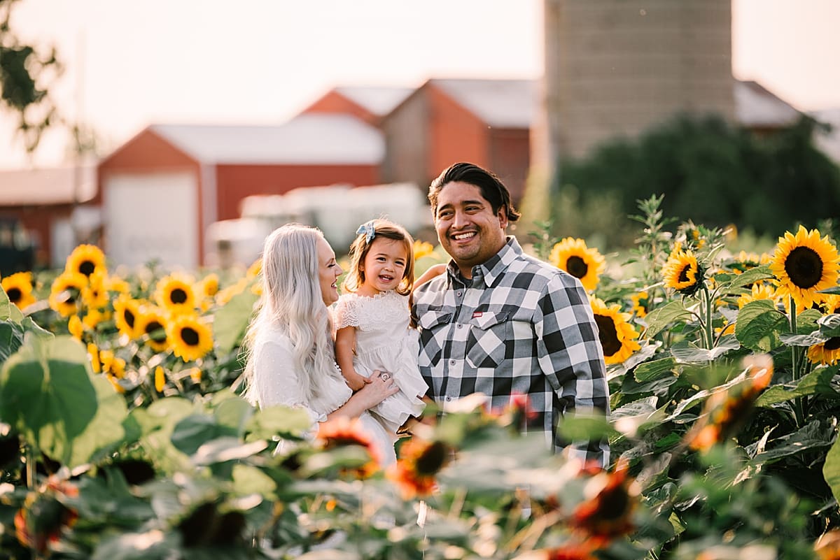 family cuddling in a field of sunflowers