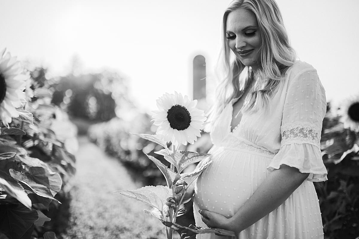 black and white maternity photos in sunflower field