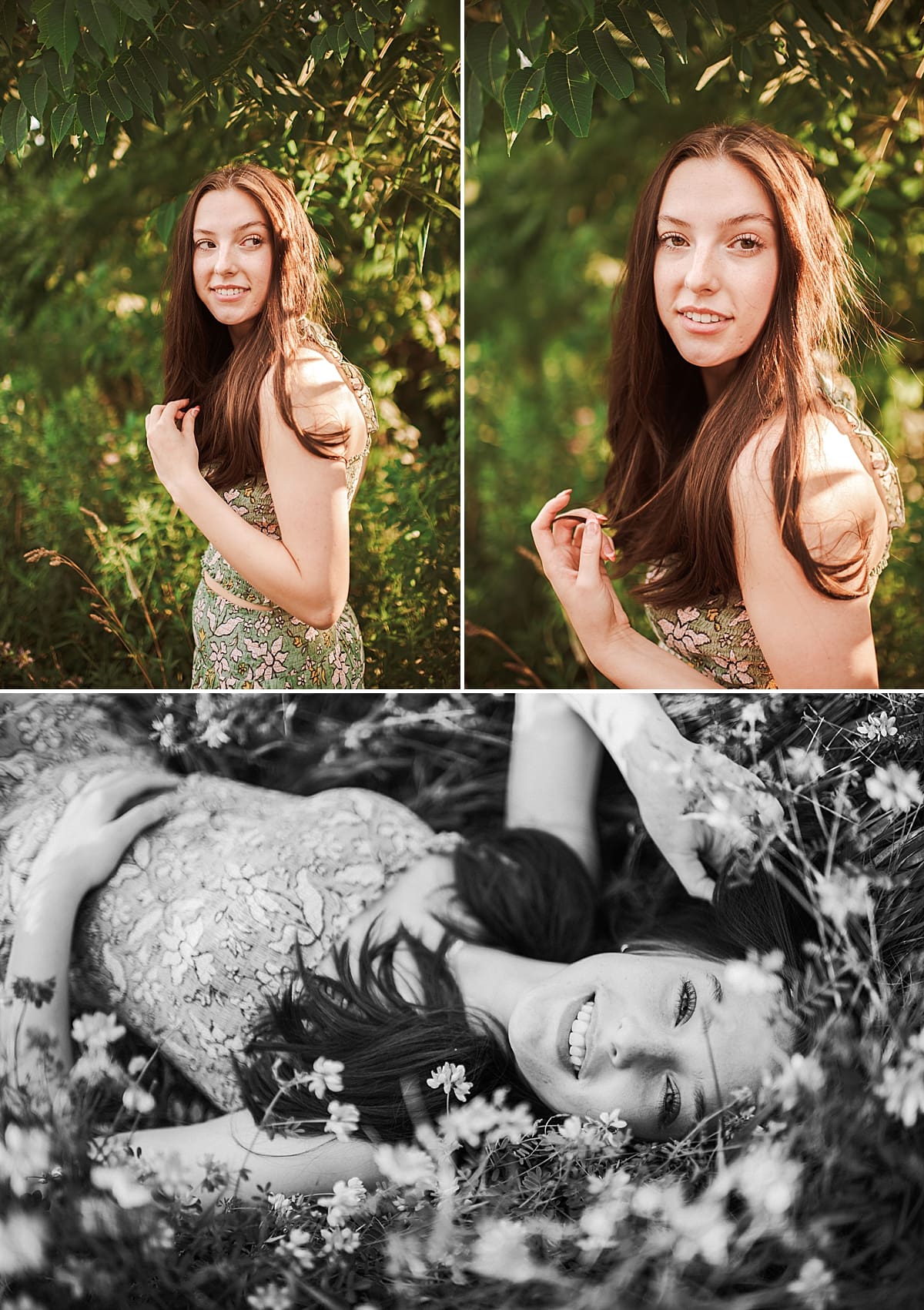 senior girl laying in a field of flowers