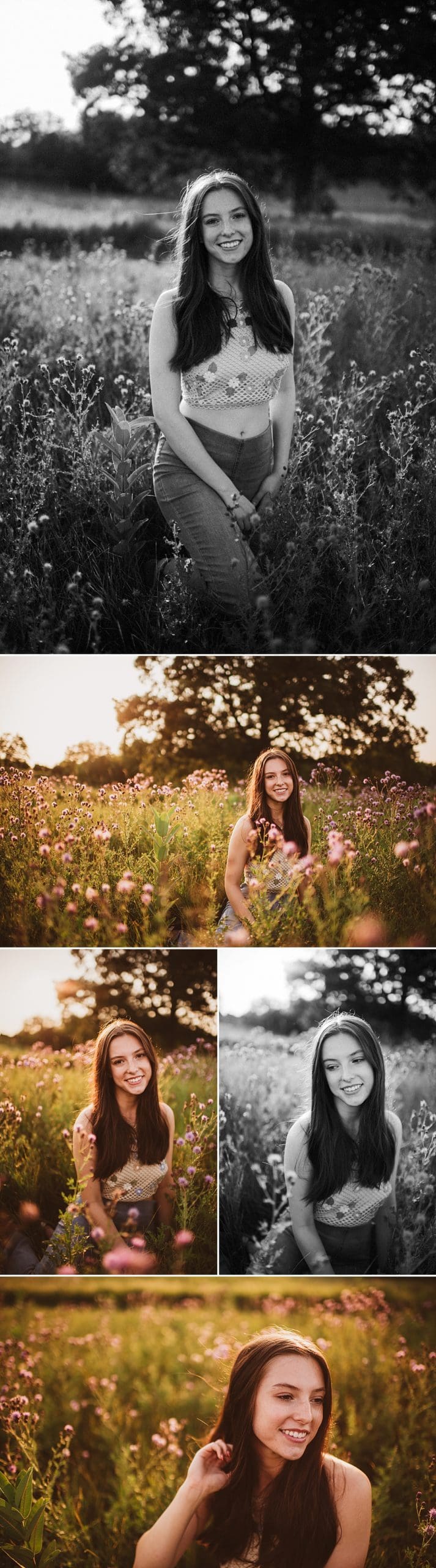 golden hour sunset portraits in field of flowers