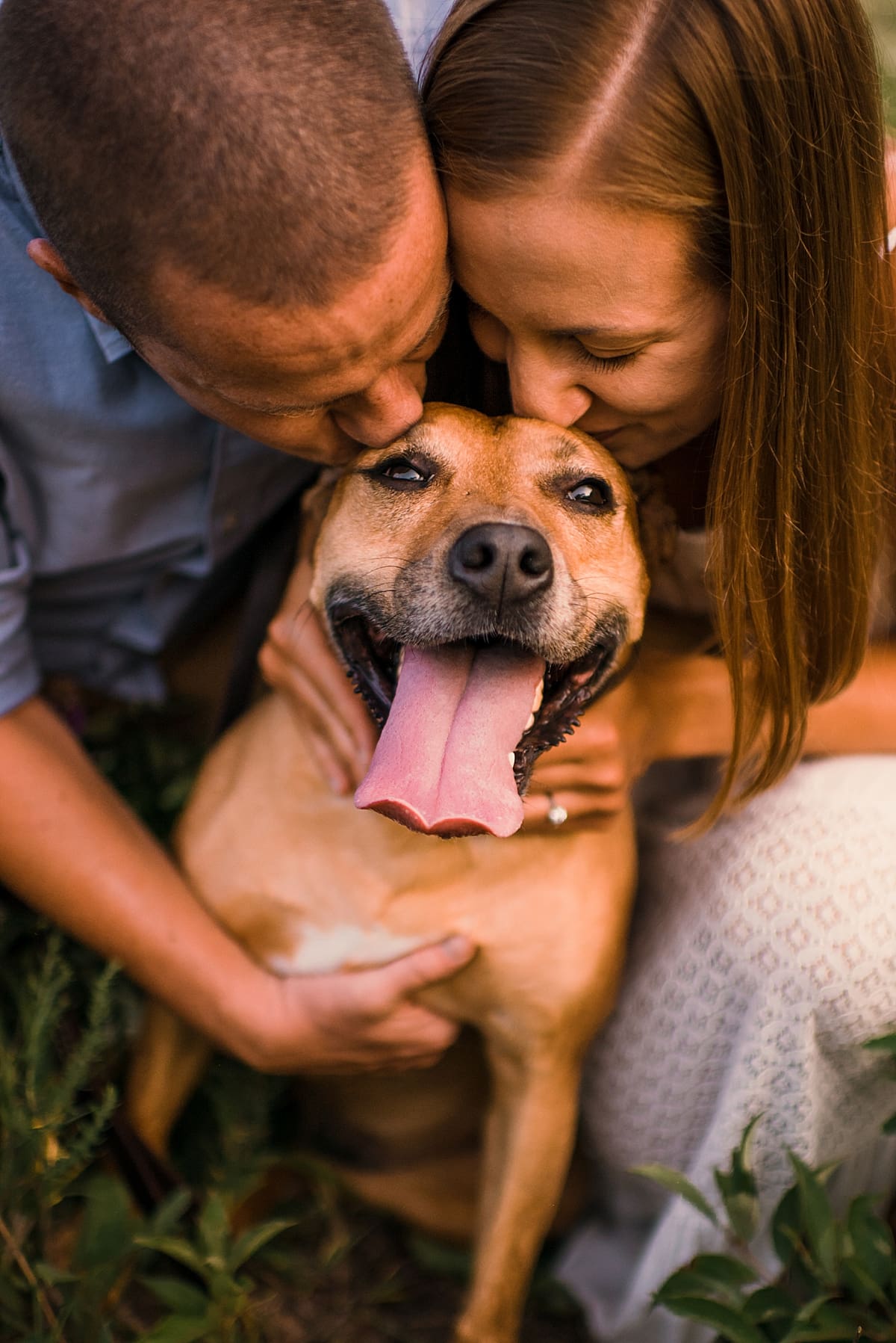 couple kissing dog at engagement session