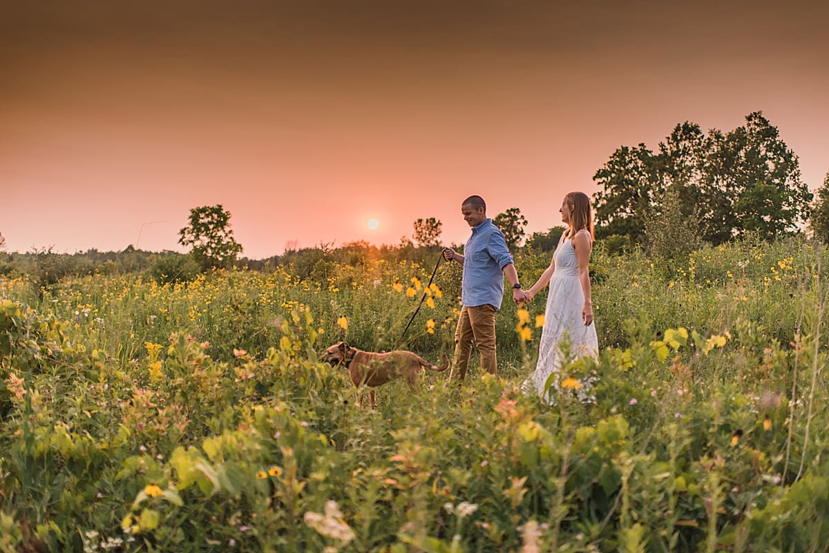 couple walking with dog in a field of flowers