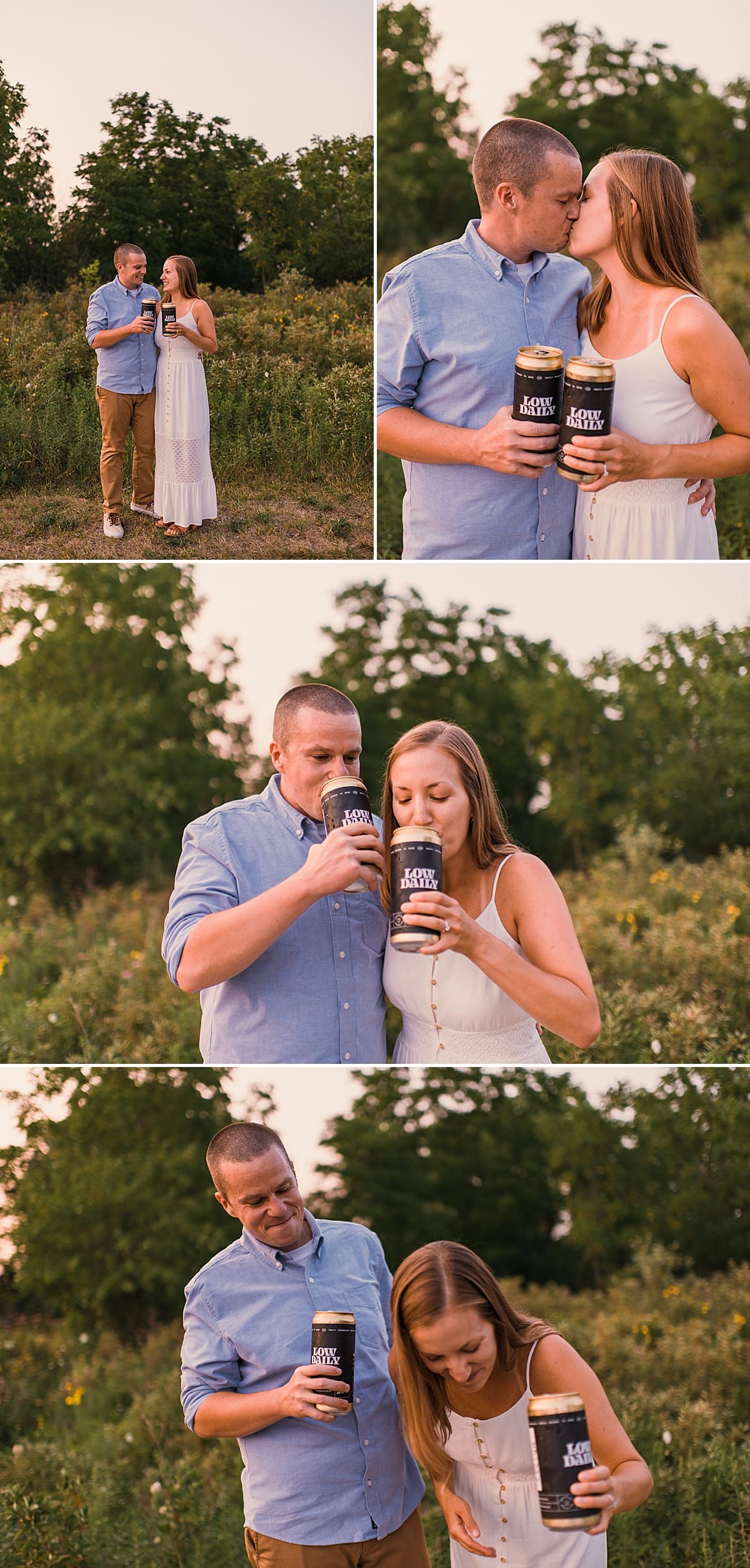 couple drinking beer at engagement session low daily burlington wisconsin