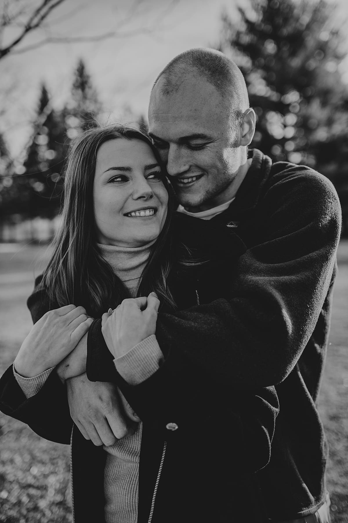 black and white snuggle engagement session