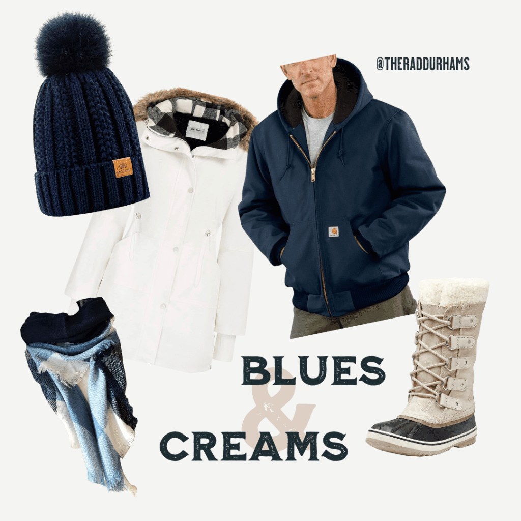 blue and cream outfit idea for winter engagement session