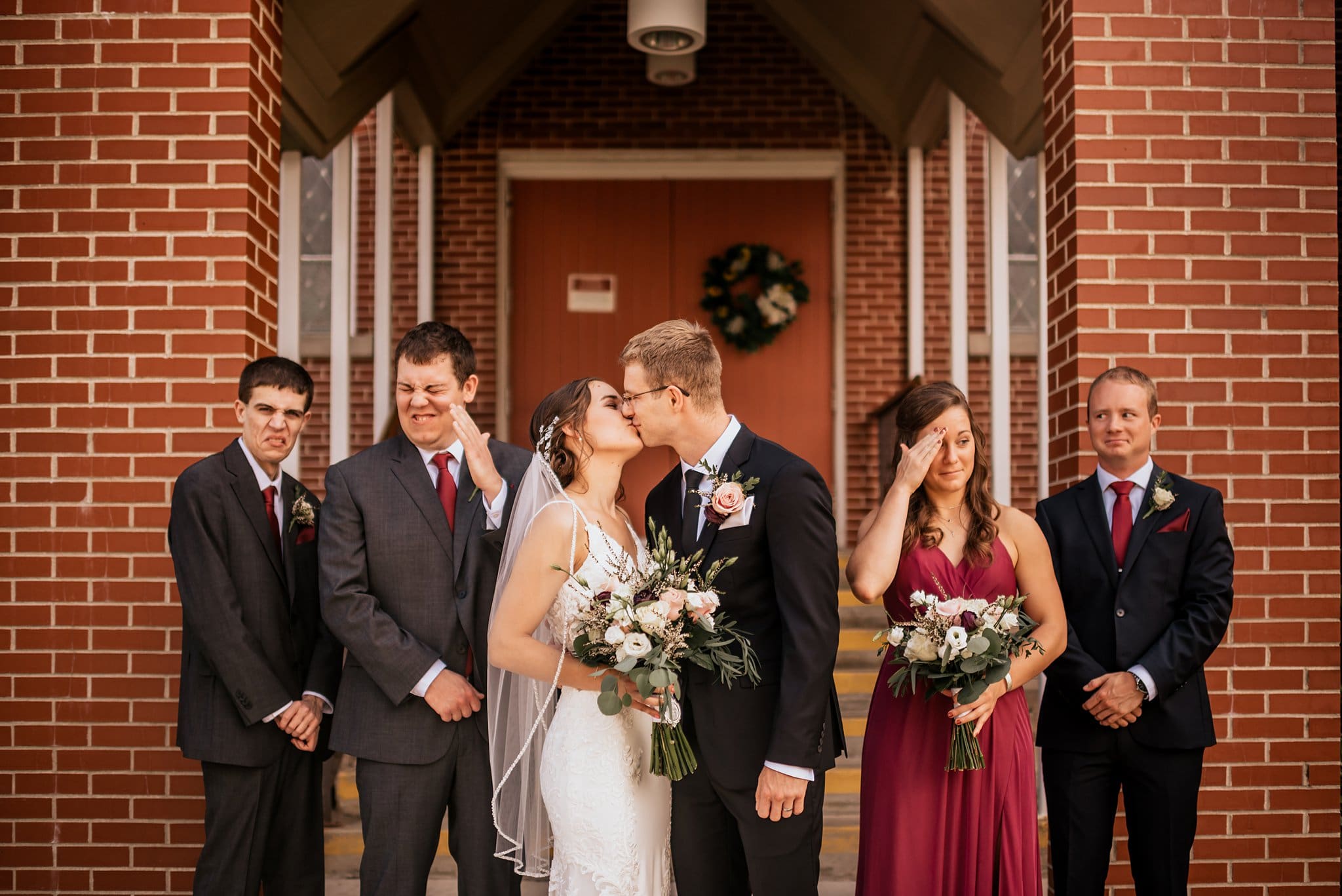 cranberry and dark gray wedding party