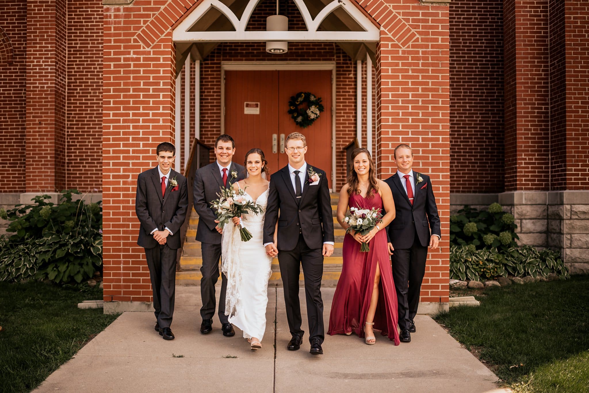 cranberry and dark gray wedding party