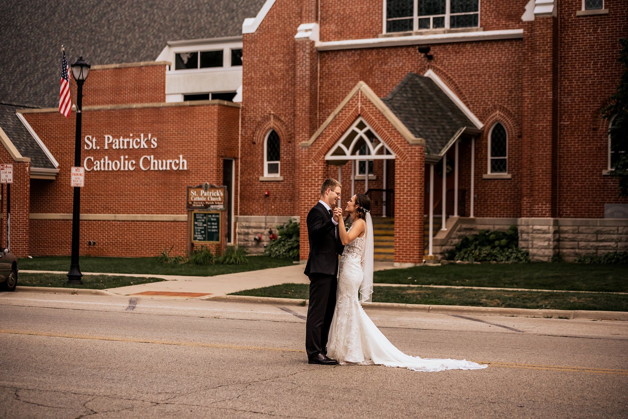wedding photos outside st patricks in elkhorn wisconsin