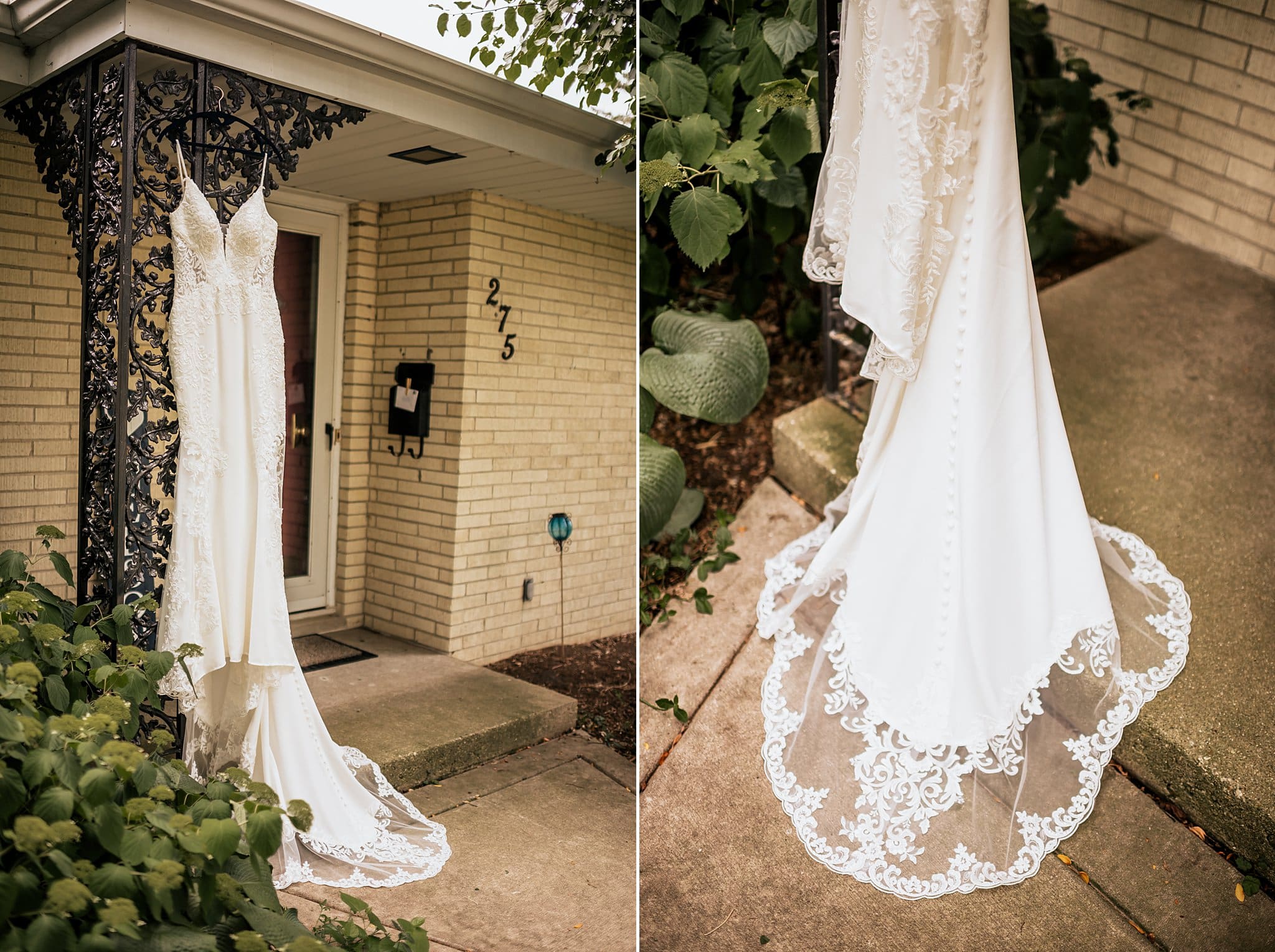 hanging wedding dress up outside the front door