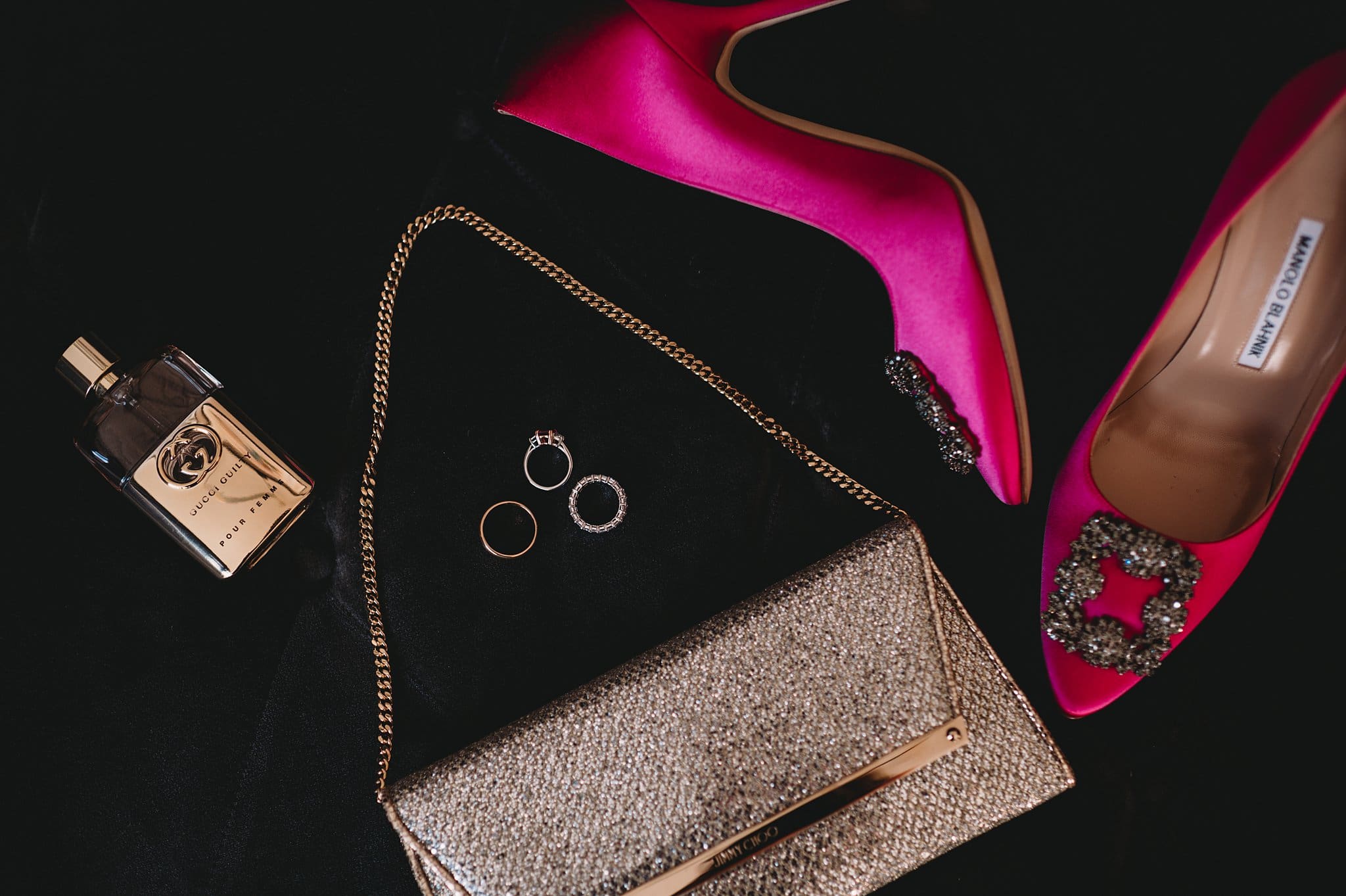 bridal details with jimmy choo purse and hot pink heels