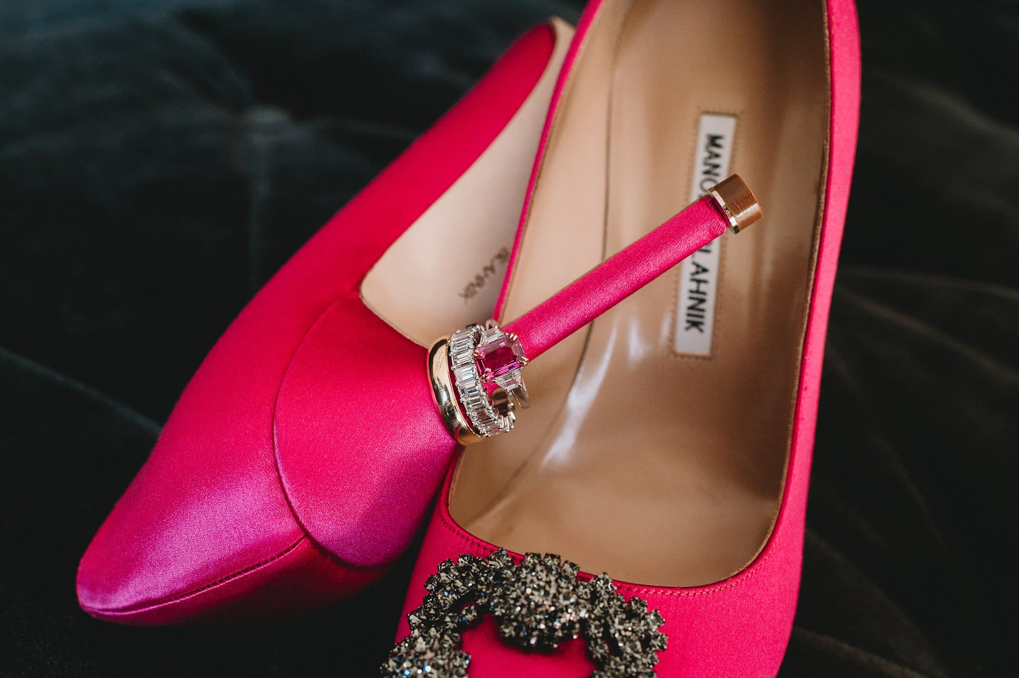 wedding rings on hot pink bridal heel