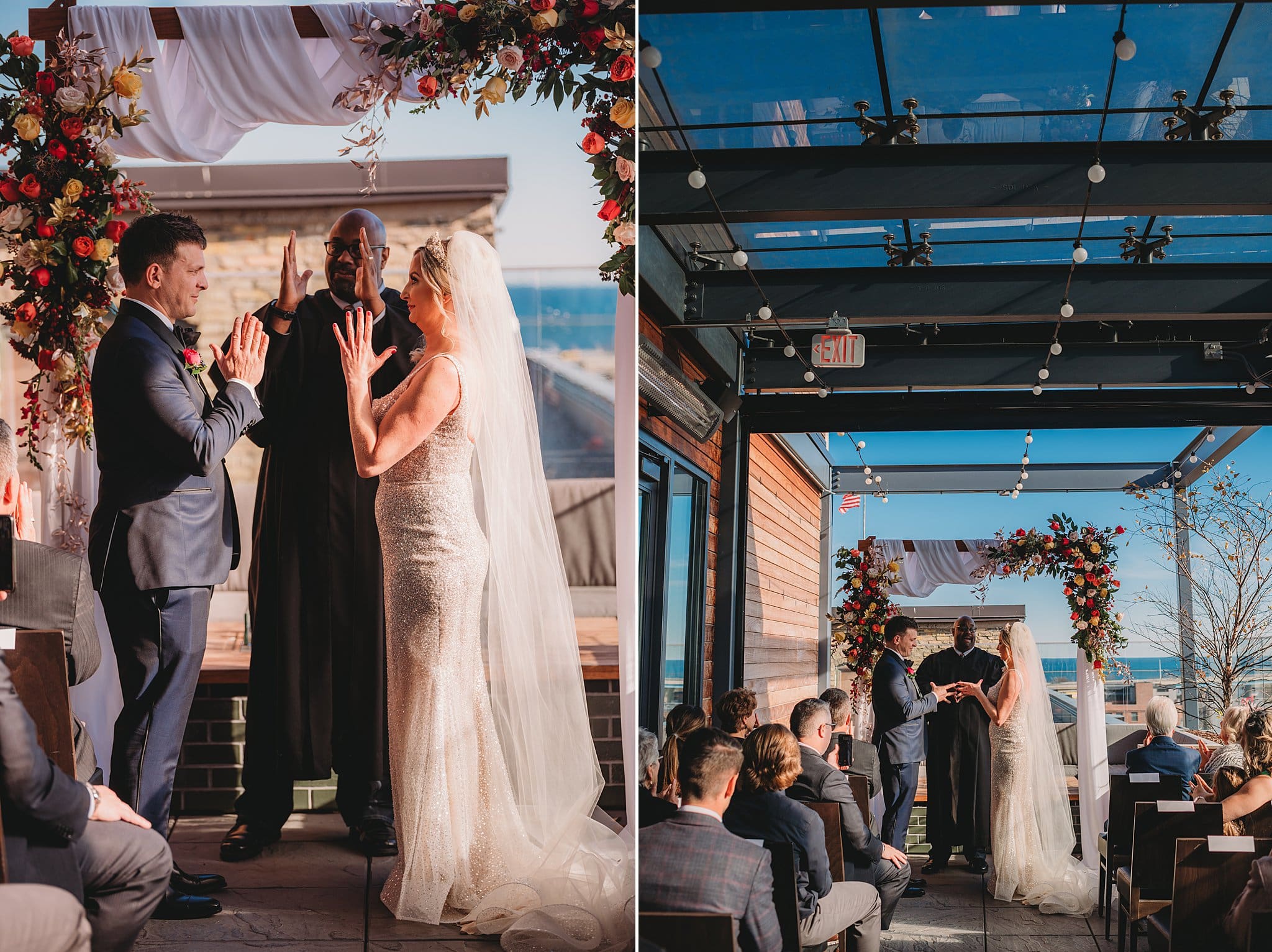 wedding ceremony on patio balcony at journeyman hotel wedding photographer milwaukee