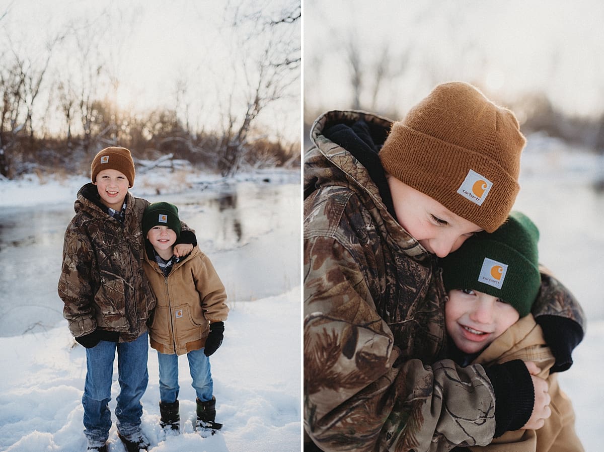 Brothers hugging during family photos at White River County Park in Lake Geneva