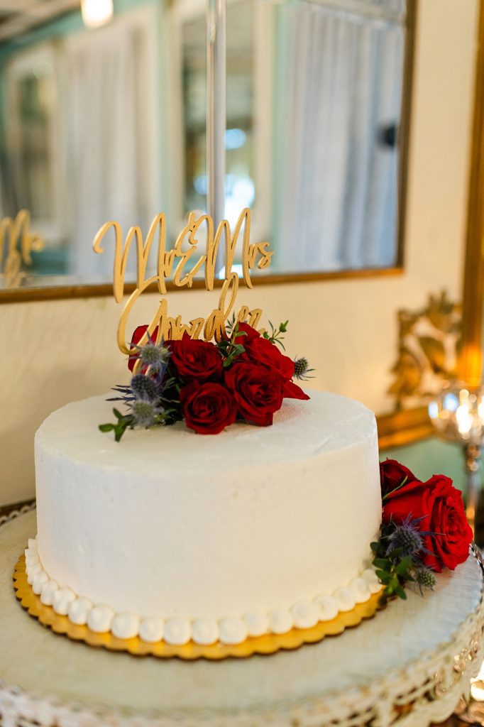 simple white wedding cake with red flowers