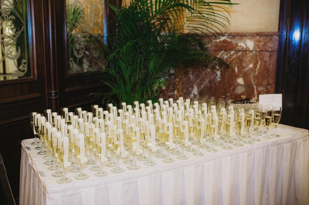 champagne welcome table for wedding reception