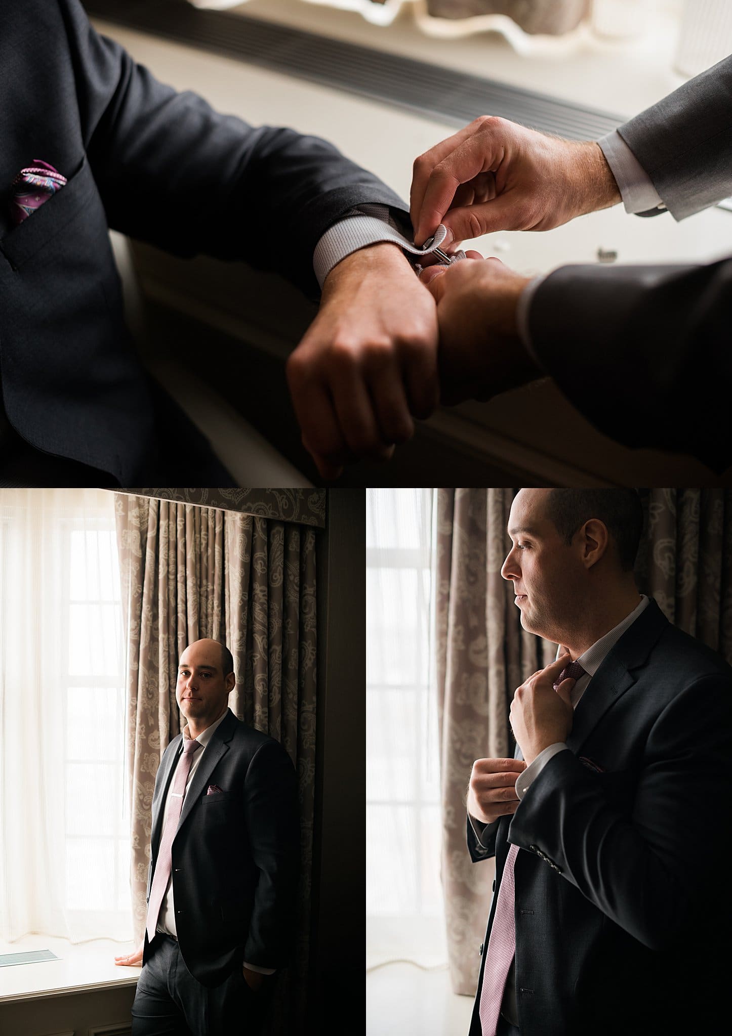 groom getting ready at the pfister hotel for wedding