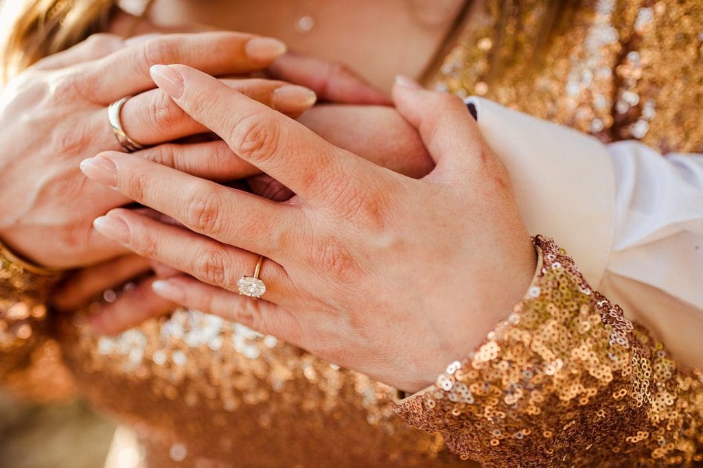 engagement session with gold sequin dress