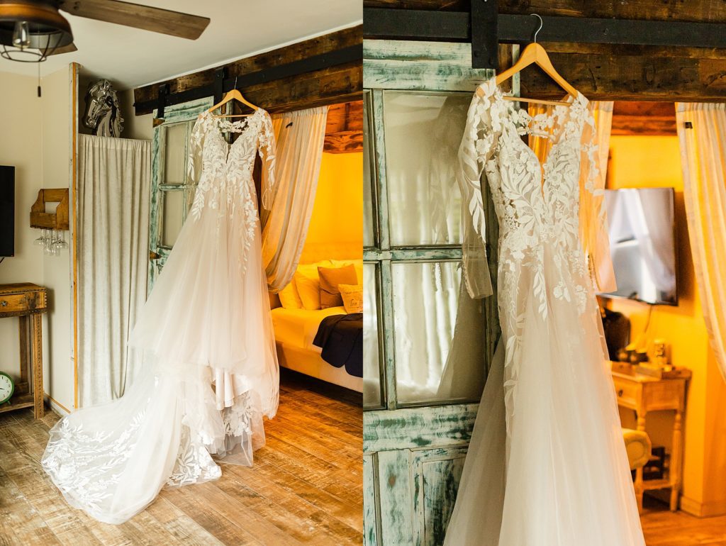 wedding dress hanging up in bridal suite