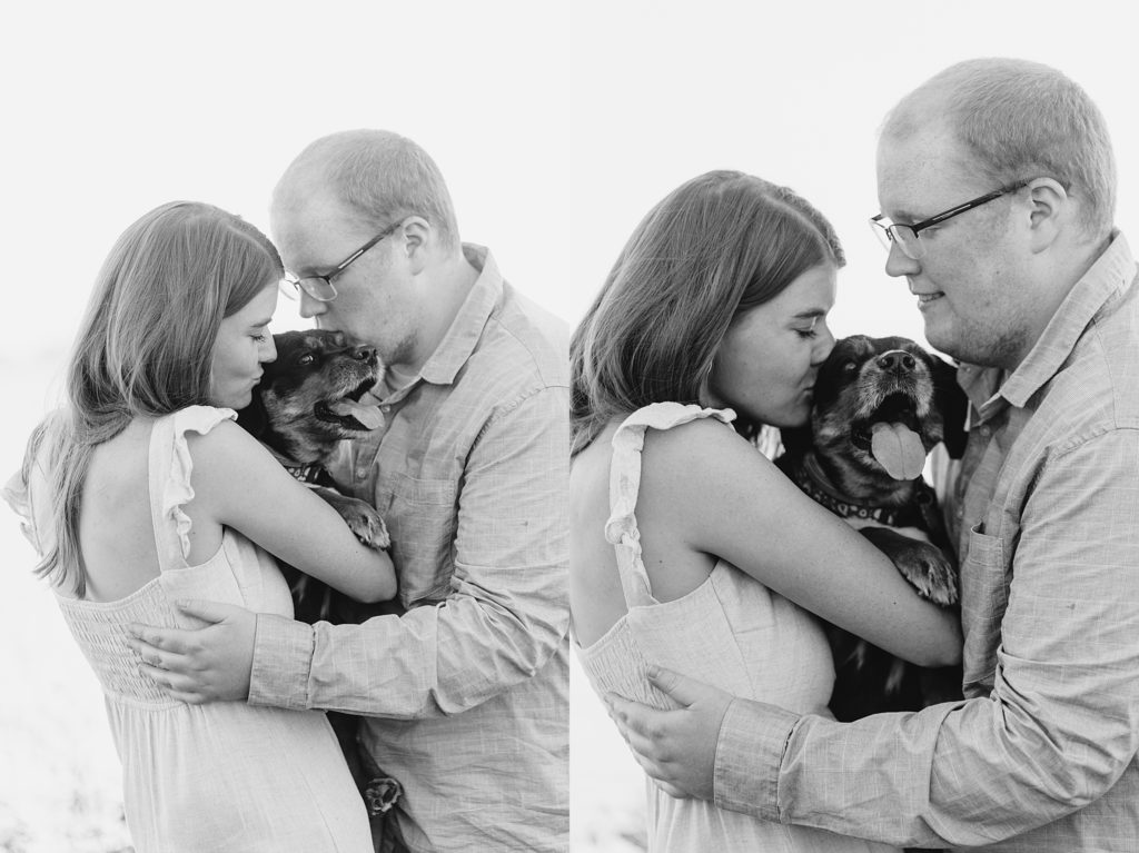 engagement photos kissing puppy dog