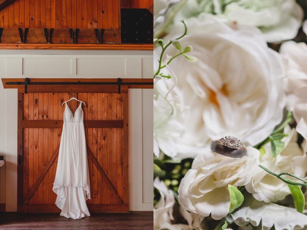wedding dress hanging up outside cabin