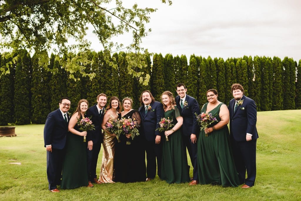 dark green and dark blue wedding party