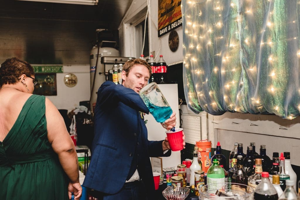 dancing inside a decorated garage for at home wedding in wisconsin