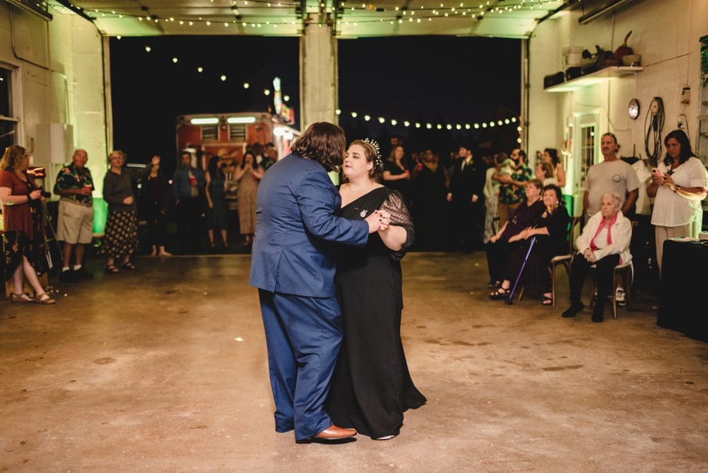 dancing inside a decorated garage for at home wedding in wisconsin