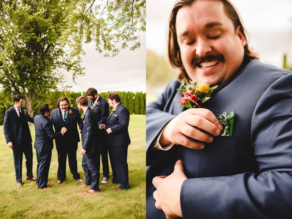 groom getting ready outside with groomsmen