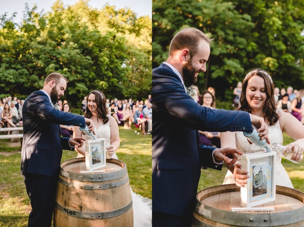 pouring sand into a frame during wedding ceremony