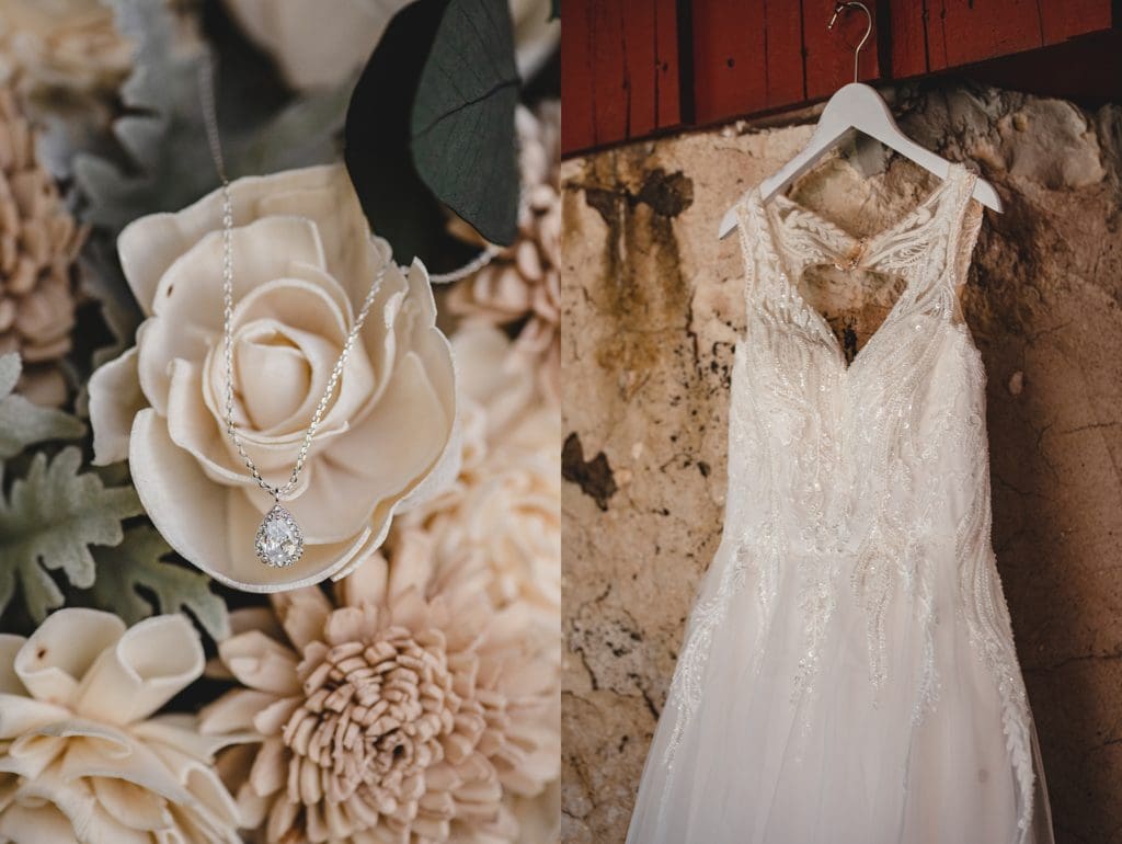 wedding dress with sola wood flowers