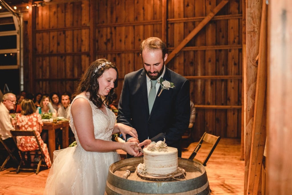 wedding couple cutting small cake