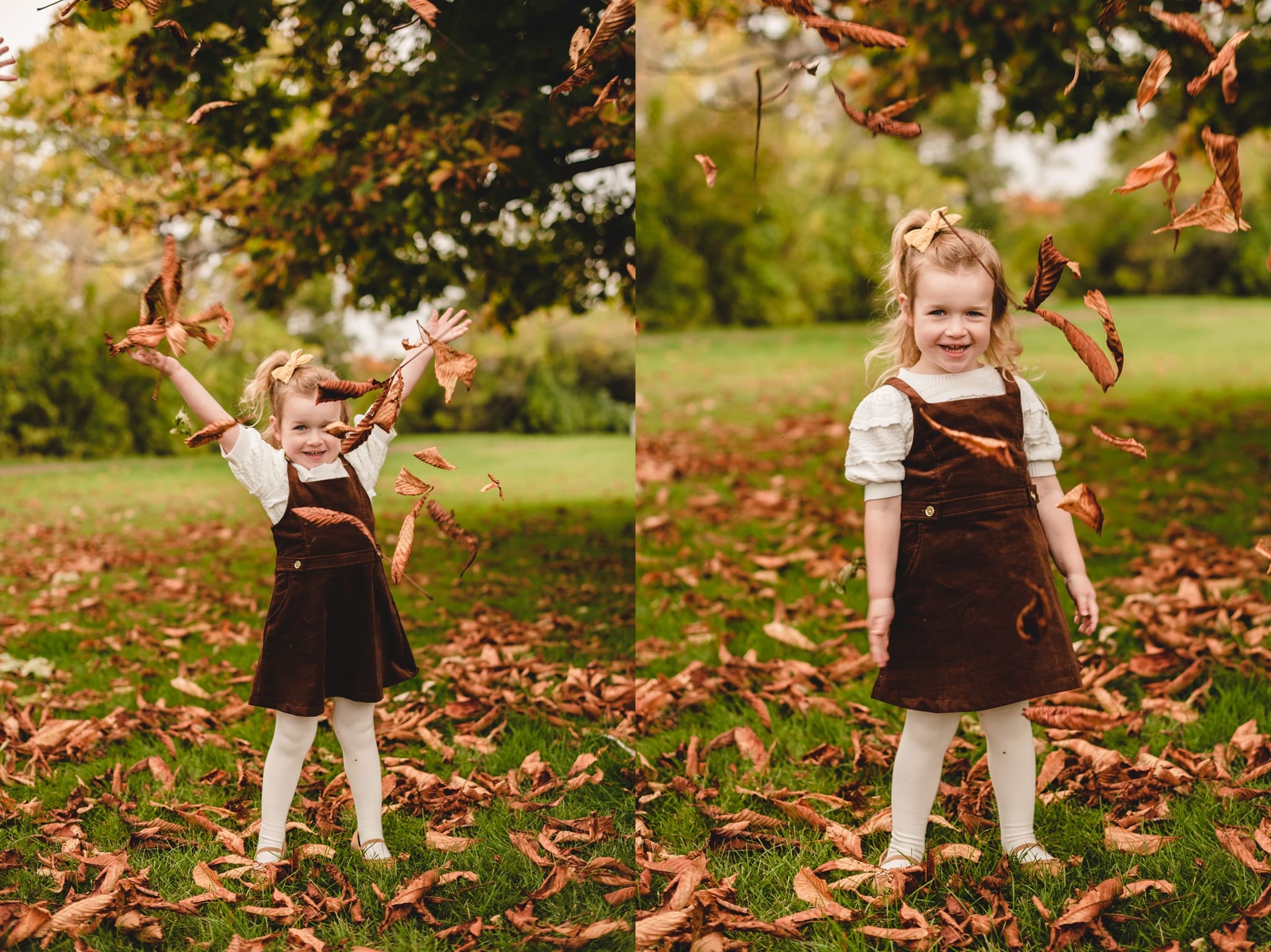 3 year old playing with fall leaves