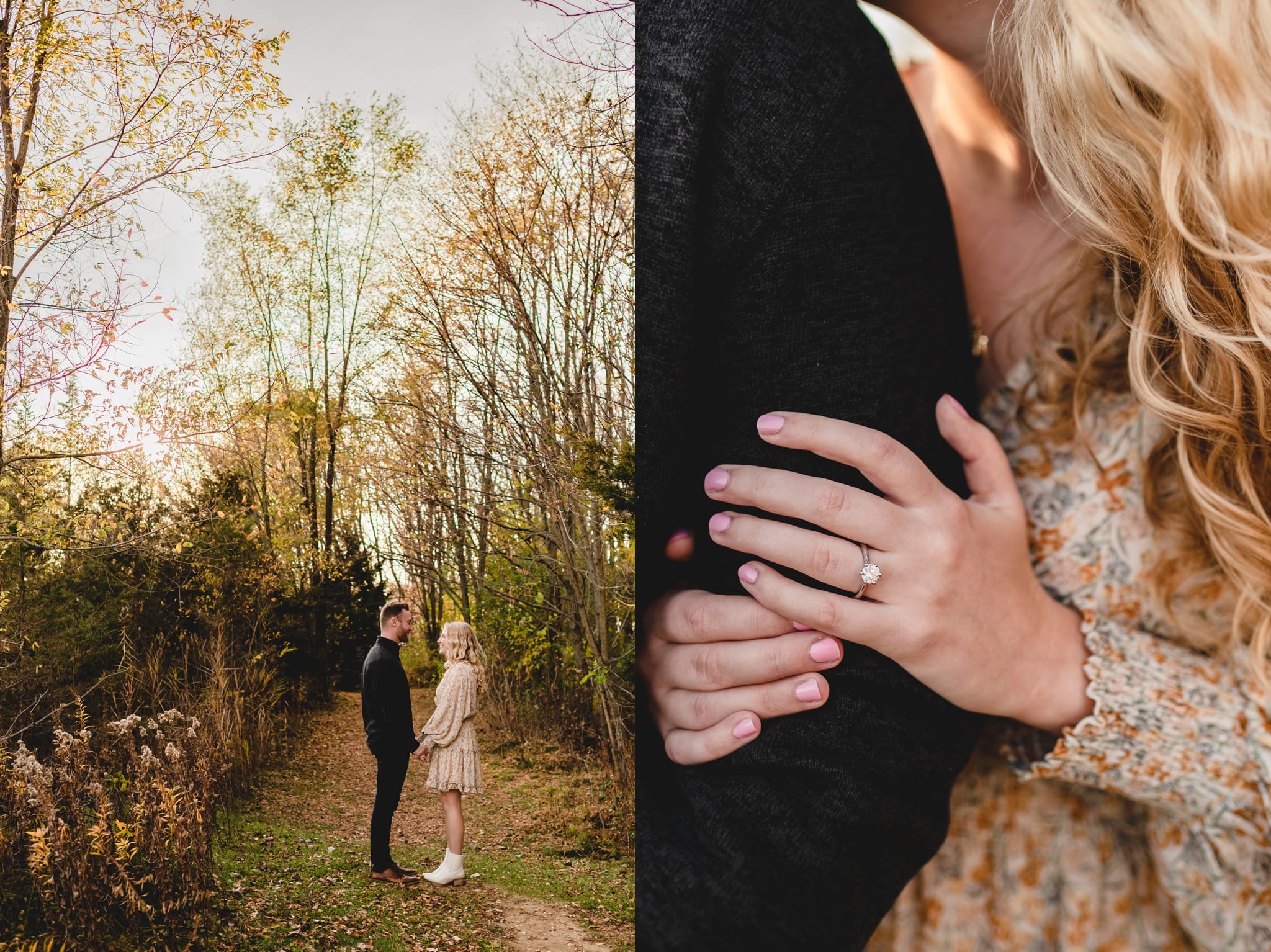 couple in the forest on a trail for engagement photos