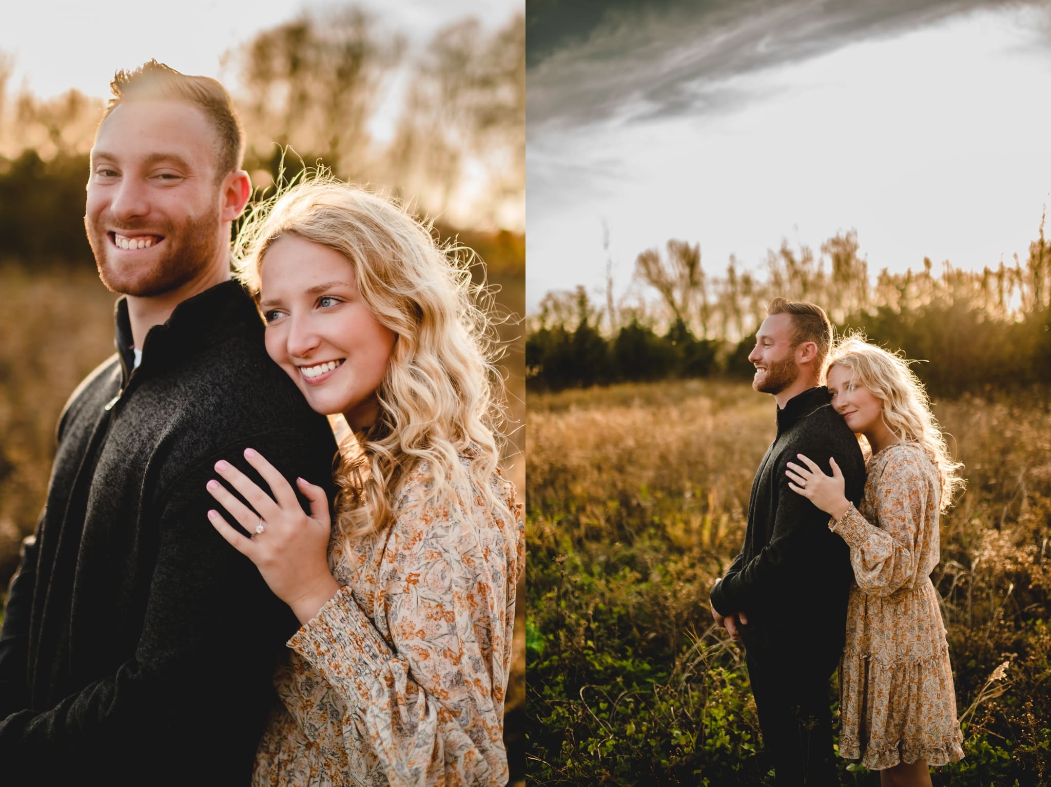 woman leaning on fiance from behind engagement photo poses