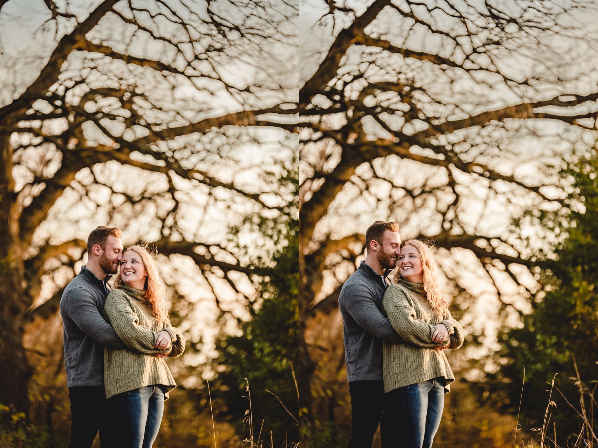 woman leaning on fiance from behind engagement photo poses