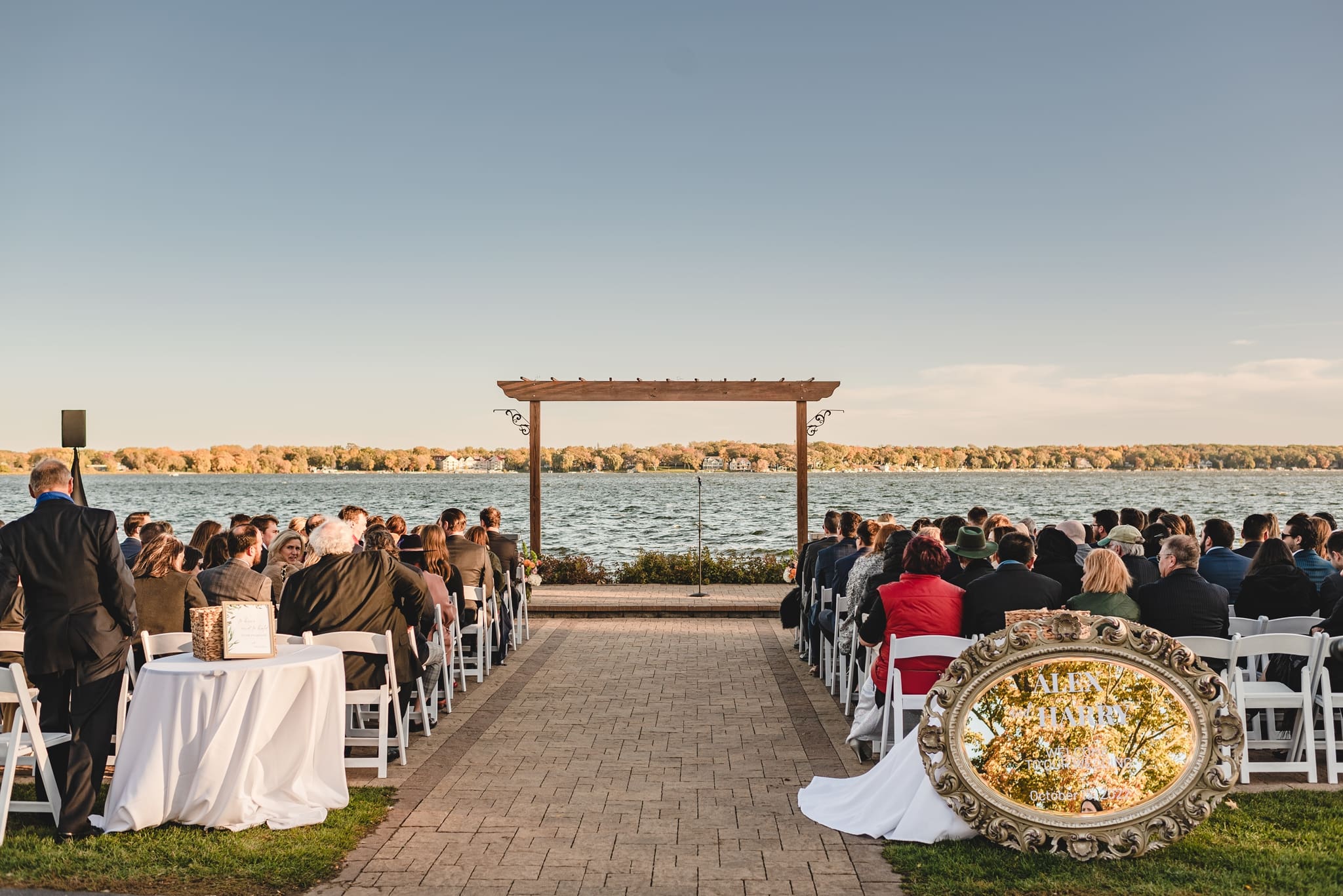 outdoor wedding ceremony on delavan lake at lake lawn resort