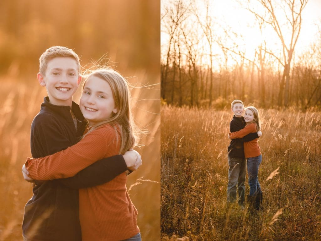 brother and sister hugging each other for family photos