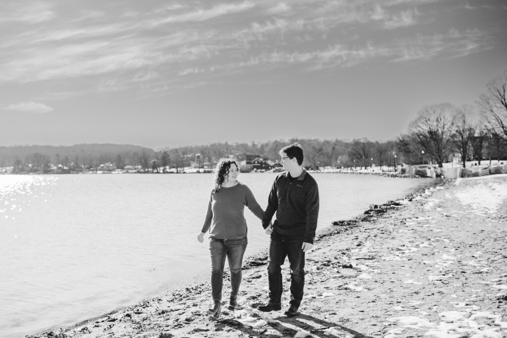engagement photos on the beach in lake geneva by the riviera