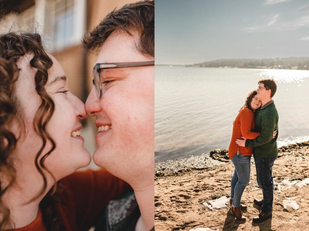 couple snuggling together for engagement photos