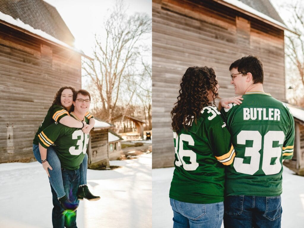 engagement photos with couple wearing matching football jerseys