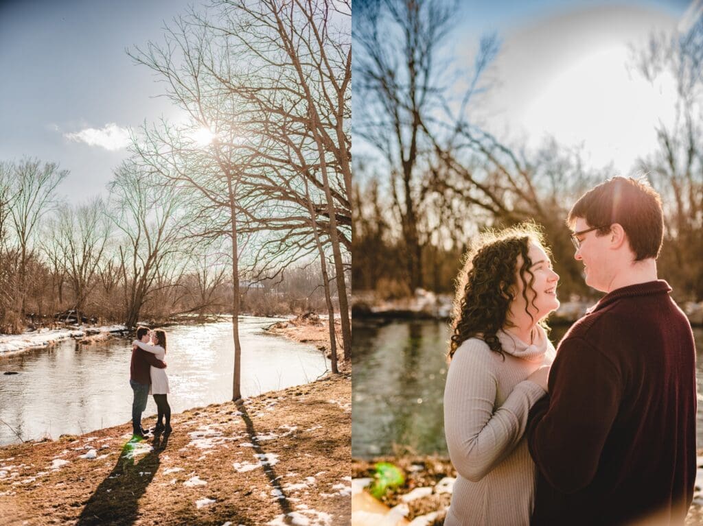 backlit engagement photos with river at white river county park in lake geneva