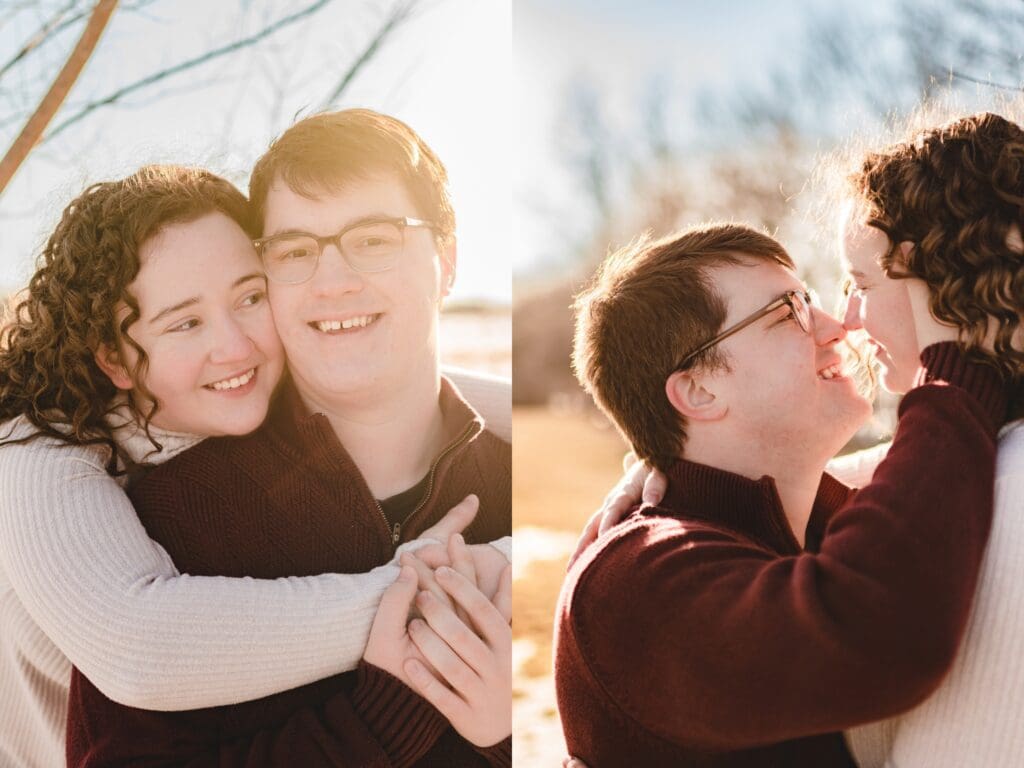 close up shot of couple snuggling together during engagement photos
