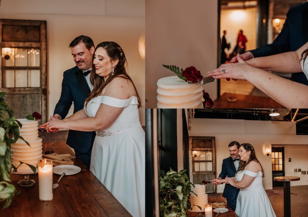 bride and groom cutting white wedding cake