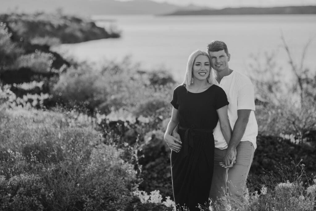 desert engagement photos in black and white