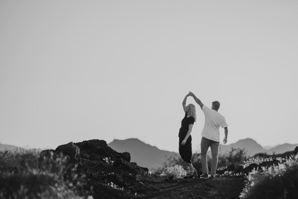 desert engagement photos in black and white