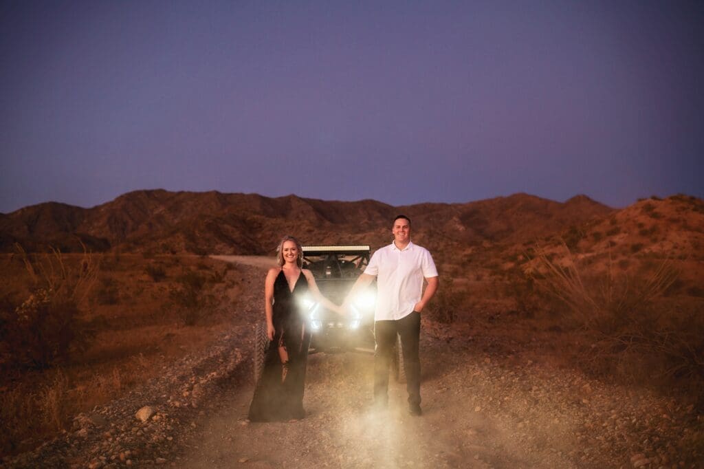 nighttime engagement photos offroading in the desert with polaris razr lake havasu city